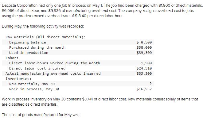 Dacosta Corporation had only one job in process on May 1 . The job had been charged with ( $ 1,800 ) of direct materlals 