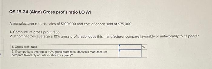 A manufacturer reports sales of ( $ 100,000 ) and cost of goods sold of ( $ 75,000 ). 1. Compute its gross profit ratio