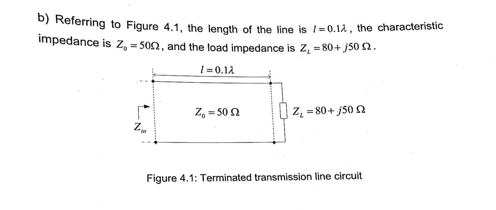 b) Referring to Figure 4.1, the length of the line is /=0.12, the characteristic impedance is Z = 509, and