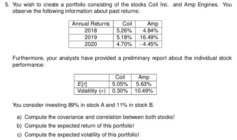 5. You wish to create a portfolio consisting of the stocks Coil Inc. and Amp Engines. You observe the following information a