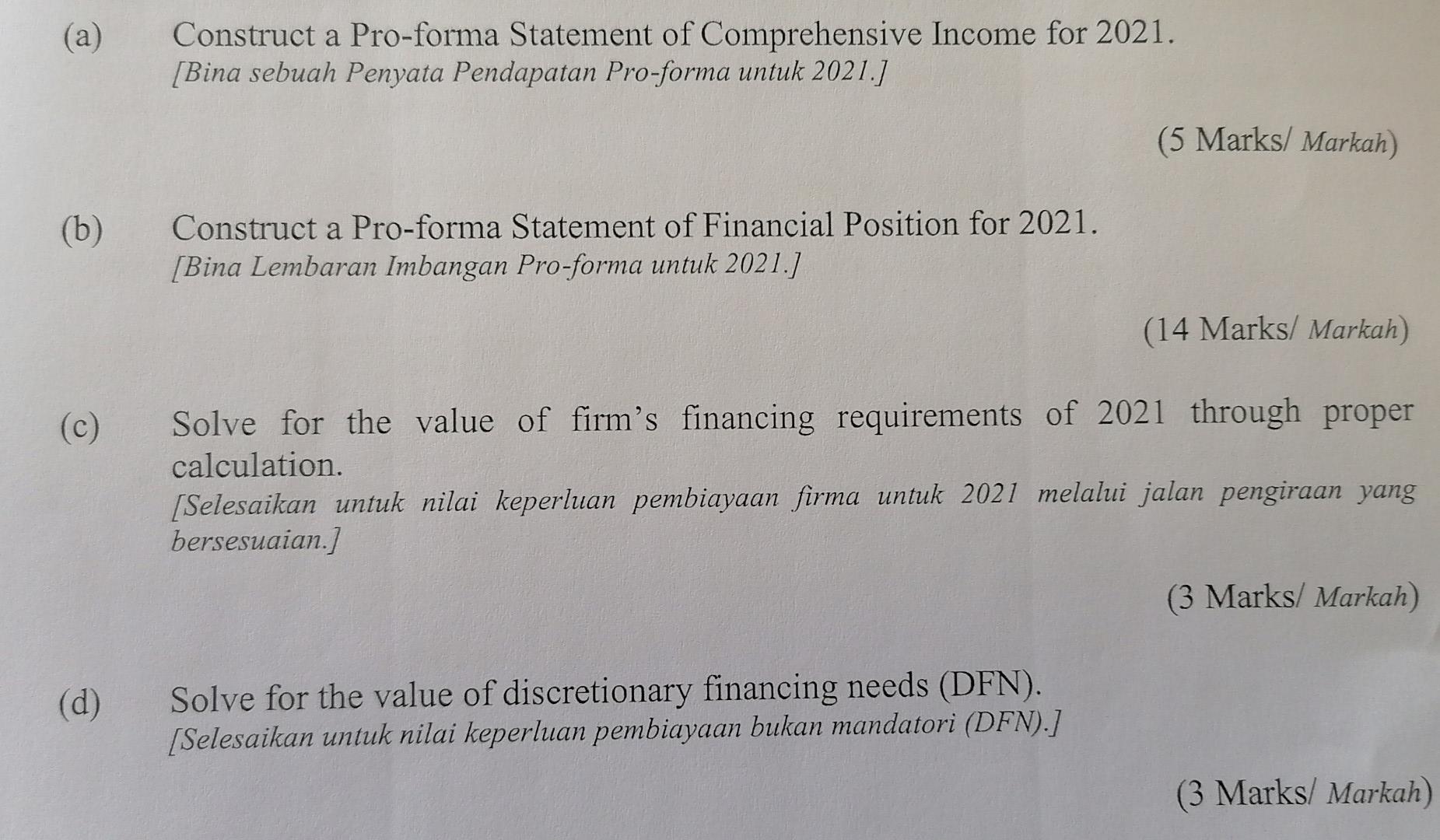 (a) Construct a Pro-forma Statement of Comprehensive Income for 2021. (Bina sebuah Penyata Pendapatan Pro-forma untuk 2021.]