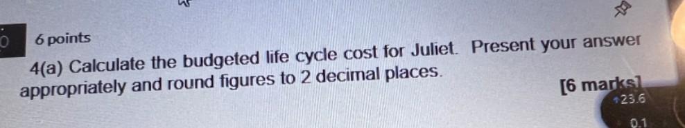 o 6 points 4(a) Calculate the budgeted life cycle cost for Juliet. Present your answer appropriately and round figures to 2 d