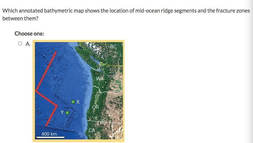 Which annotated bathymetric map shows the location of mid-ocean ridge segments and the fracture zones between them? Choose on