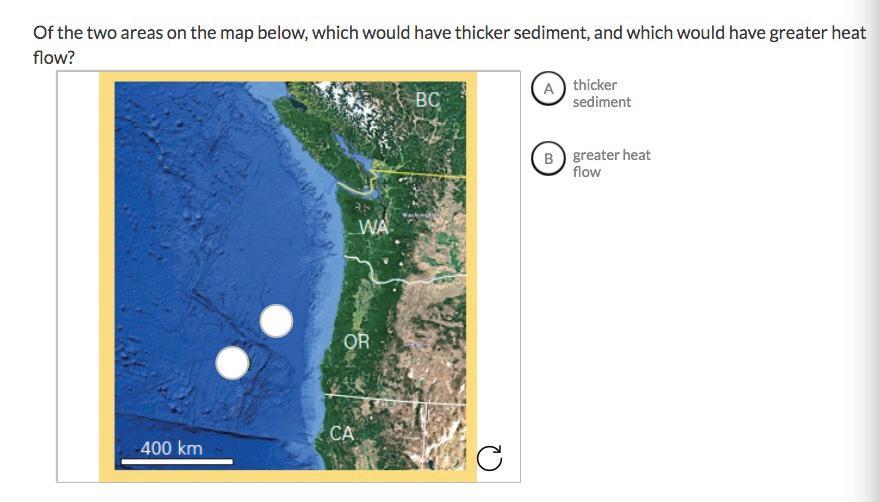 Of the two areas on the map below, which would have thicker sediment, and which would have greater heat