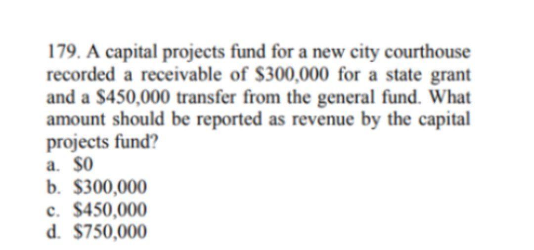 179. A capital projects fund for a new city courthouse recorded a receivable of $300,000 for a state grant and a $450,000 tra