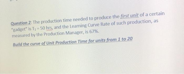 Question 2: The production time needed to produce the first unit of a certain gadget is T1 = 50 hrs, and the Learning Curve