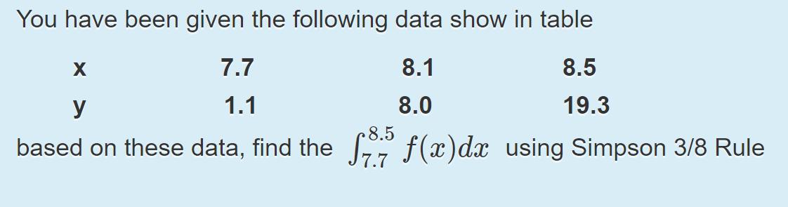 You have been given the following data show in table Х7.7 8.1 8.5 y1.1 8.0 19.3 based on these data, find the son f(x)dx us