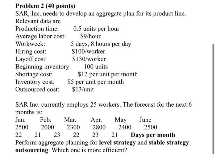 Problem 2 (40 points) SAR, Inc. needs to develop an aggregate plan