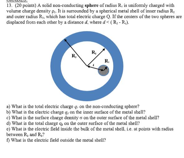 13. (20 points) A solid non-conducting sphere of radius ( R_{1} ) is uniformly charged with volume charge density ( ho_{