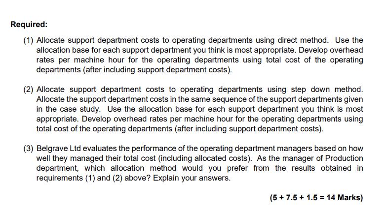 Required: (1) Allocate support department costs to operating departments using direct method. Use the allocation base for eac