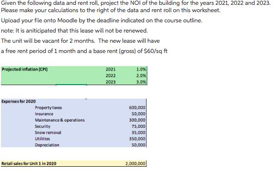 Given the following data and rent roll, project the NOI of the building for the years 2021, 2022 and 2023. Please make your c