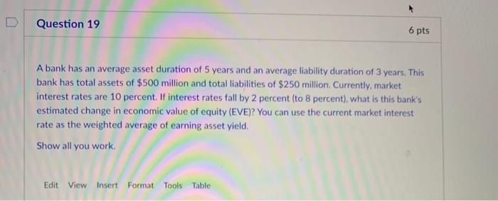 Question 19 6 pts A bank has an average asset duration of 5 years and an average liability duration of 3 years. This bank has