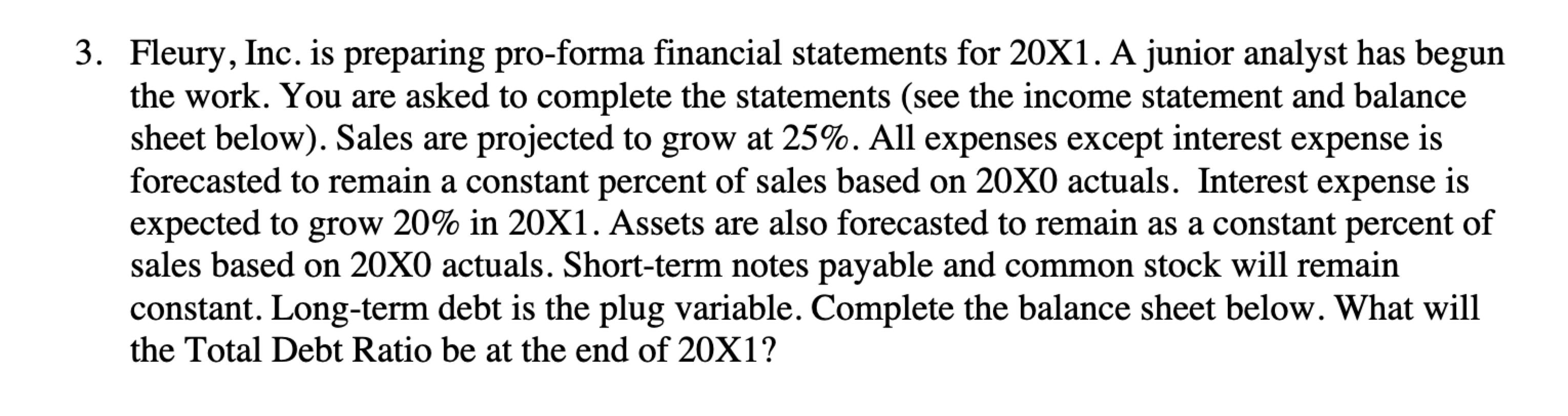 3. Fleury, Inc. is preparing pro-forma financial statements for 20X1. A junior analyst has begun the work. You are asked to c