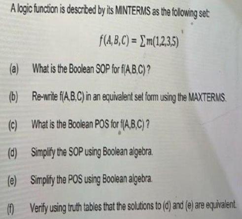 A logic function is described by its MINTERMS as the following set