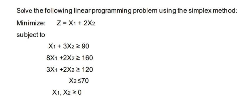 Solve the following linear programming problem using the simplex method: Minimize: ( quad Z=X_{1}+2 X_{2} ) subject to [