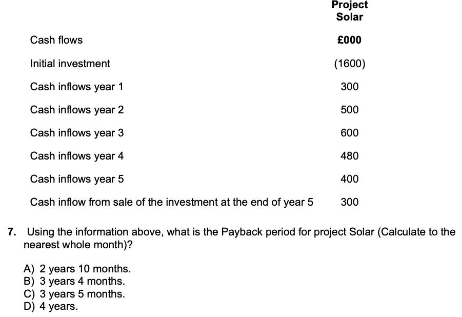 Project Solar Cash flows £000 Initial investment (1600) Cash inflows year 1 300 Cash inflows year 2 500 Cash inflows year 3 6