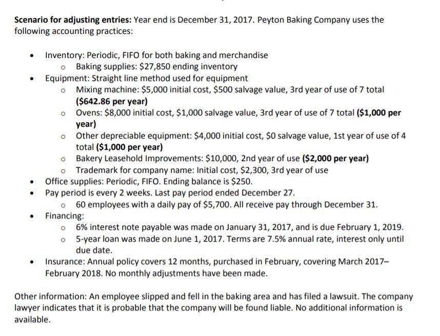Scenario for adjusting entries: Year end is December 31, 2017. Peyton Baking Company uses the following accounting practices: