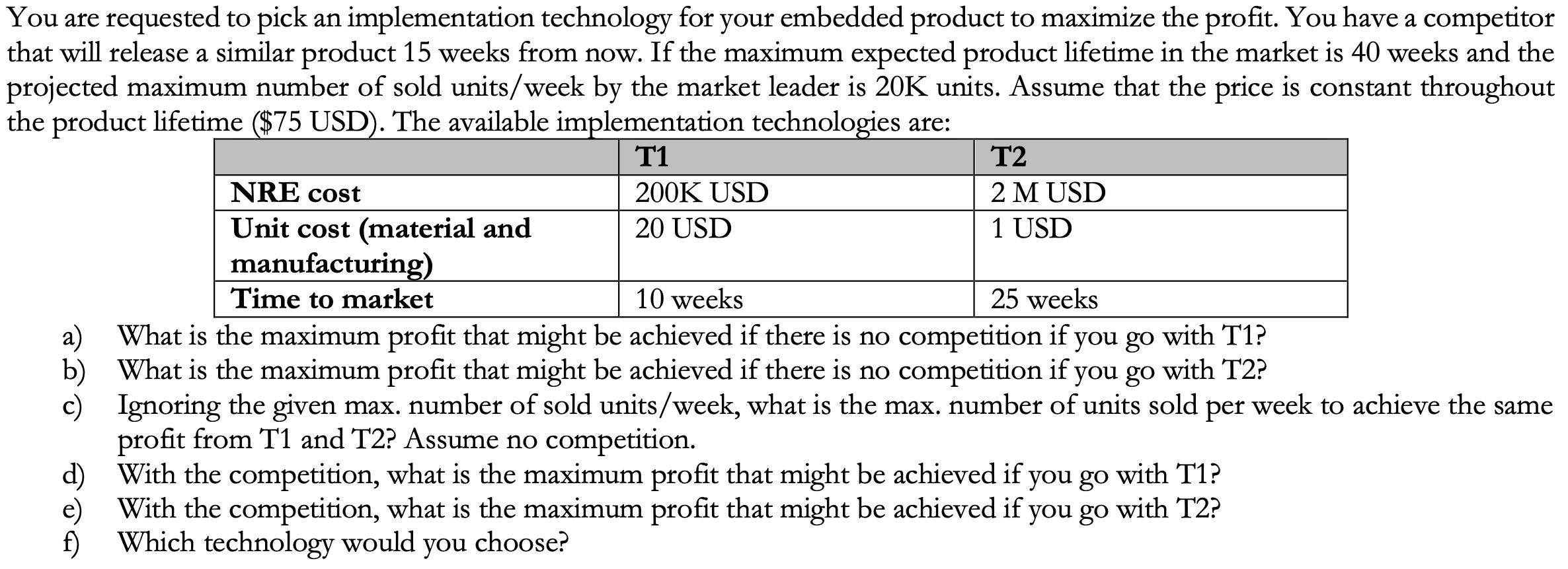 You are requested to pick an implementation technology for your embedded product to maximize the profit. You have a competito