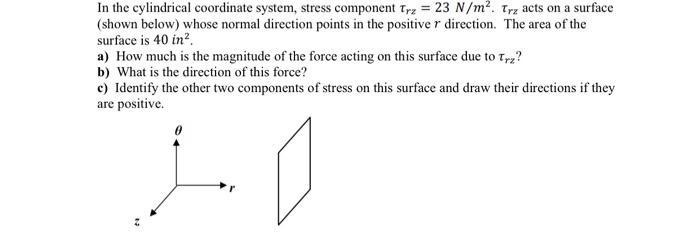 In the cylindrical coordinate system, stress component ( tau_{r z}=23 mathrm{~N} / mathrm{m}^{2} . tau_{r z} ) acts on