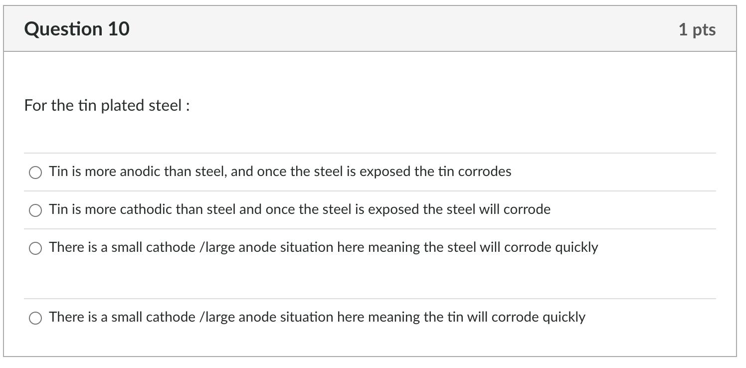 For the tin plated steel : Tin is more anodic than steel, and once the steel is exposed the tin corrodes Tin is more cathodic