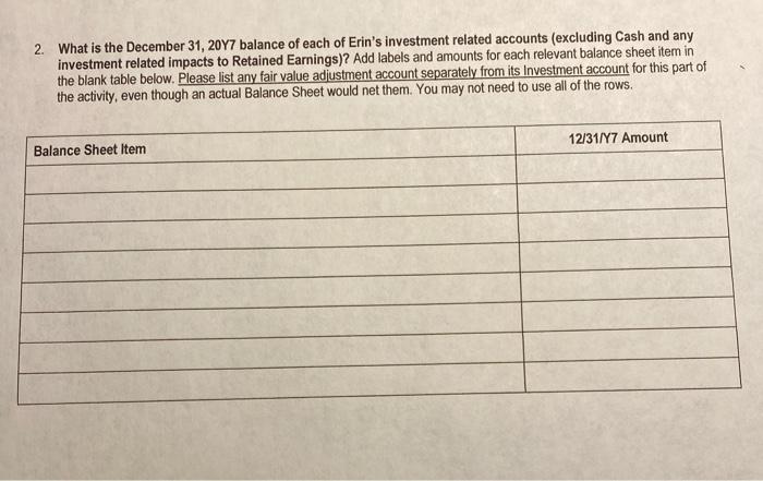 2. What is the December 31, 20Y7 balance of each of Erins investment related accounts (excluding Cash and any investment rel