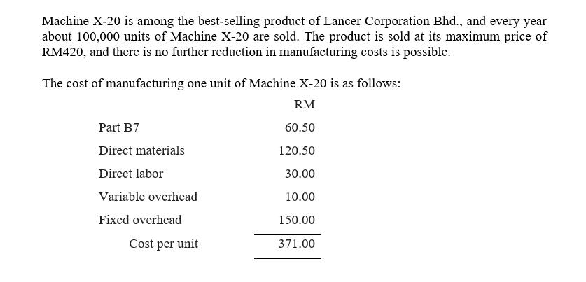 Machine X-20 is among the best-selling product of Lancer Corporation Bhd., and every year about 100,000 units of Machine X-20