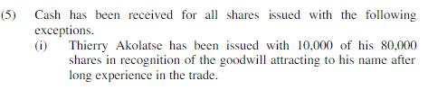 (5) Cash has been received for all shares issued with the following exceptions. Thierry Akolatse has been