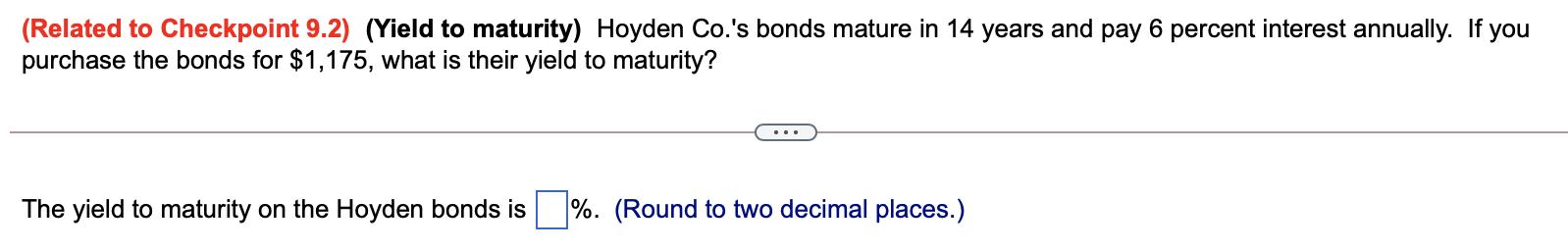 (Related to Checkpoint 9.2) (Yield to maturity) Hoyden Co.s bonds mature in 14 years and pay 6 percent interest annually. If