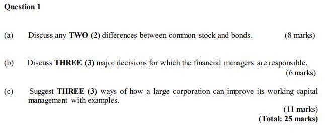 Question 1(a)Discuss any TWO (2) differences between common stock and bonds.(8 marks)(b)(c)Discuss THREE (3) major deci
