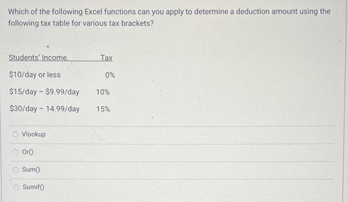 Which of the following Excel functions can you apply to determine a deduction amount using thefollowing tax table for variou