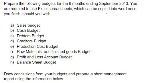 Prepare the following budgets for the 6 months ending September 2013. You are required to use Excel