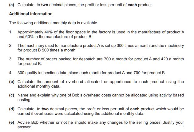 (a) Calculate, to two decimal places, the profit or loss per unit of each product. Additional information The