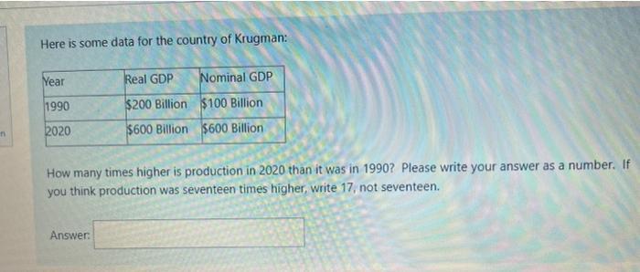 Here is some data for the country of Krugman: How many times higher is production in 2020 than it was in 1990 ? Please write