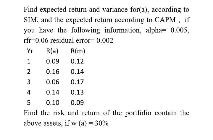 Find expected return and variance for(a), according to SIM, and the expected return according to CAPM, if you