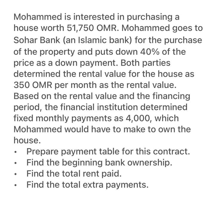 Mohammed is interested in purchasing a house worth 51,750 OMR. Mohammed goes to Sohar Bank (an Islamic bank) for the purchase