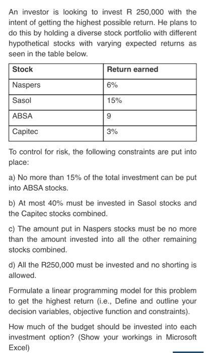An investor is looking to invest R 250,000 with the intent of getting the highest possible return. He plans to do this by hol