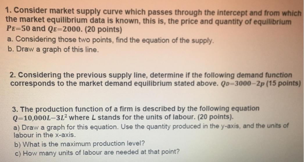 1. Consider market supply curve which passes through the intercept and from