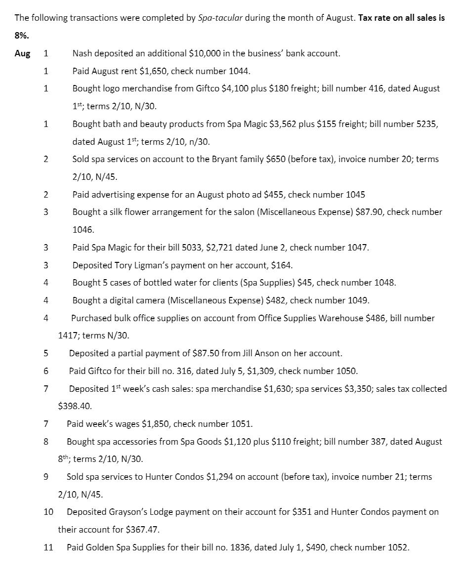 The following transactions were completed by Spa-tacular during the month of August. Tax rate on all sales is 8%. Aug 1Nash