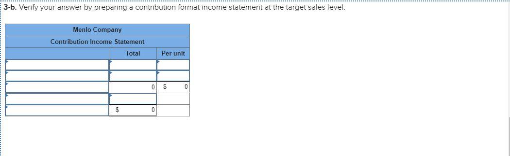 3-b. Verify your answer by preparing a contribution format income statement at the target sales level. Menlo