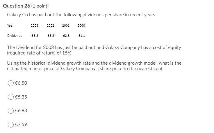 Question 26 (1 point) Galaxy Co has paid out the following dividends per share in recent years Year 2003 2002 2001 2000 Divid