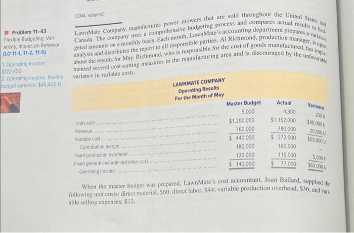 (CMA adapted) LawnMate Company, manufactures power mowers that are sold throughout the United States and 1. Operating income