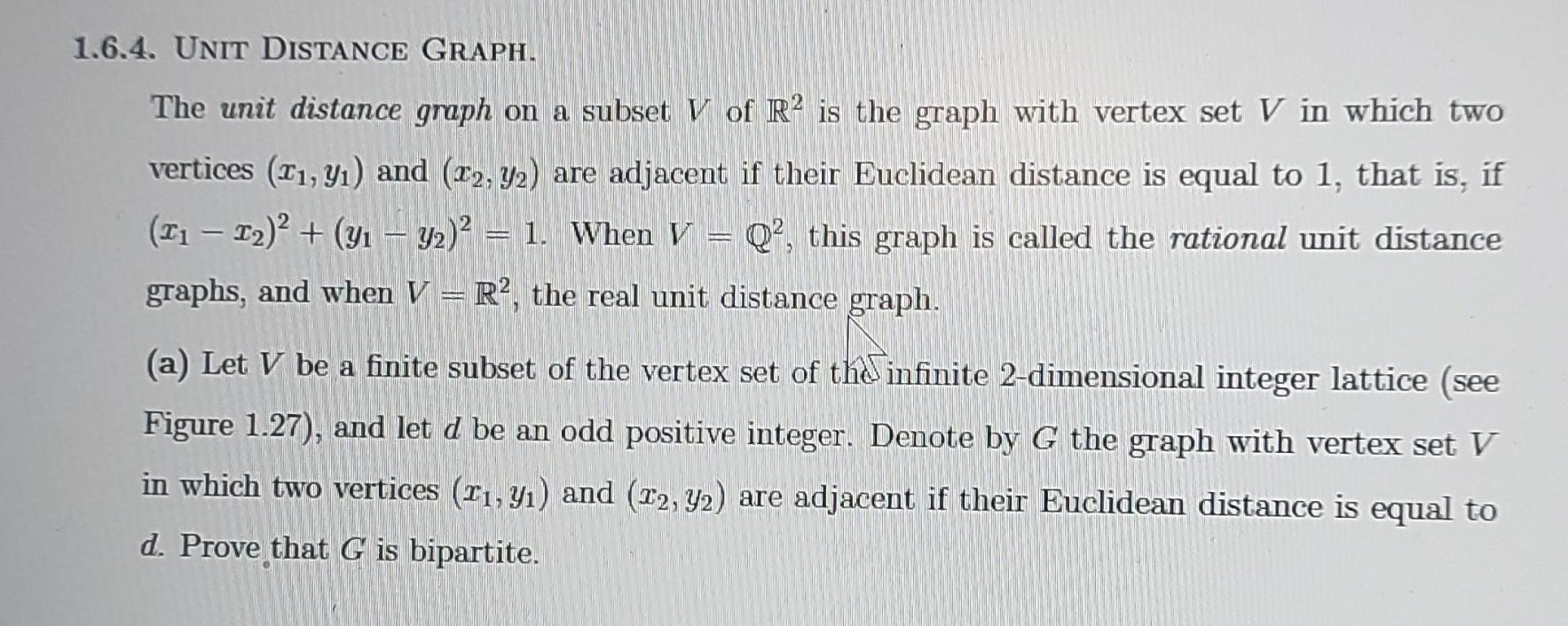 1.6.4. UNIT DISTANCE GRAPH.The unit distance graph on a subset ( V ) of ( mathbb{R}^{2} ) is the graph with vertex set