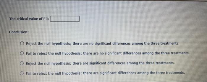 The critical value of ( F ) isConclusion:Reject the null hypothesis; there are no significant differences among the three