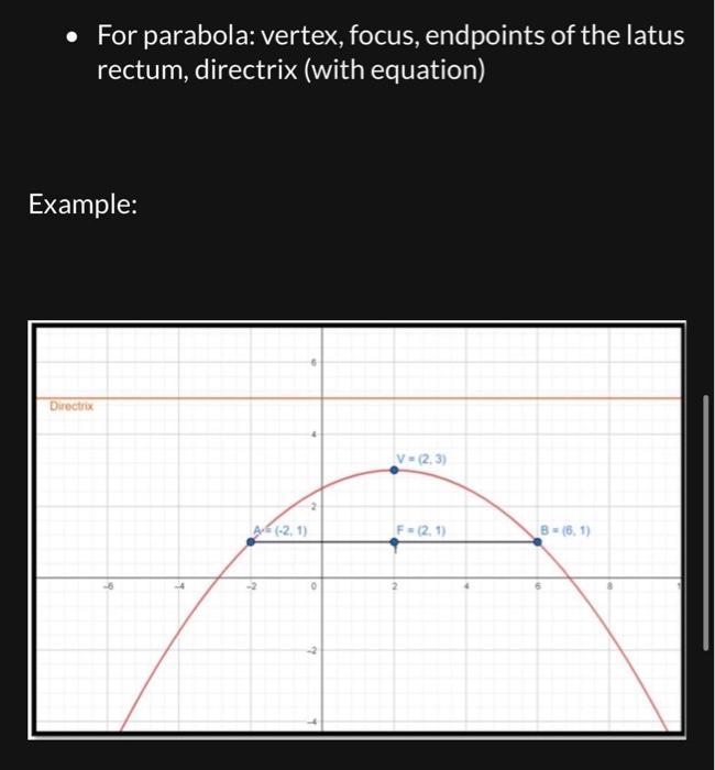 - For parabola: vertex, focus, endpoints of the latus rectum, directrix (with equation)Example:
