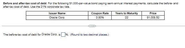 Before and after-tax cost of debt For the following $1,000-par-value bond paying semi-annual interest payments, calculate the