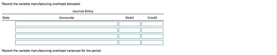 Record the variable manufacturing overhead allocated Journal Entry Date Accounts Debit Credit Record the variable manufacturing overhead variances for the period.