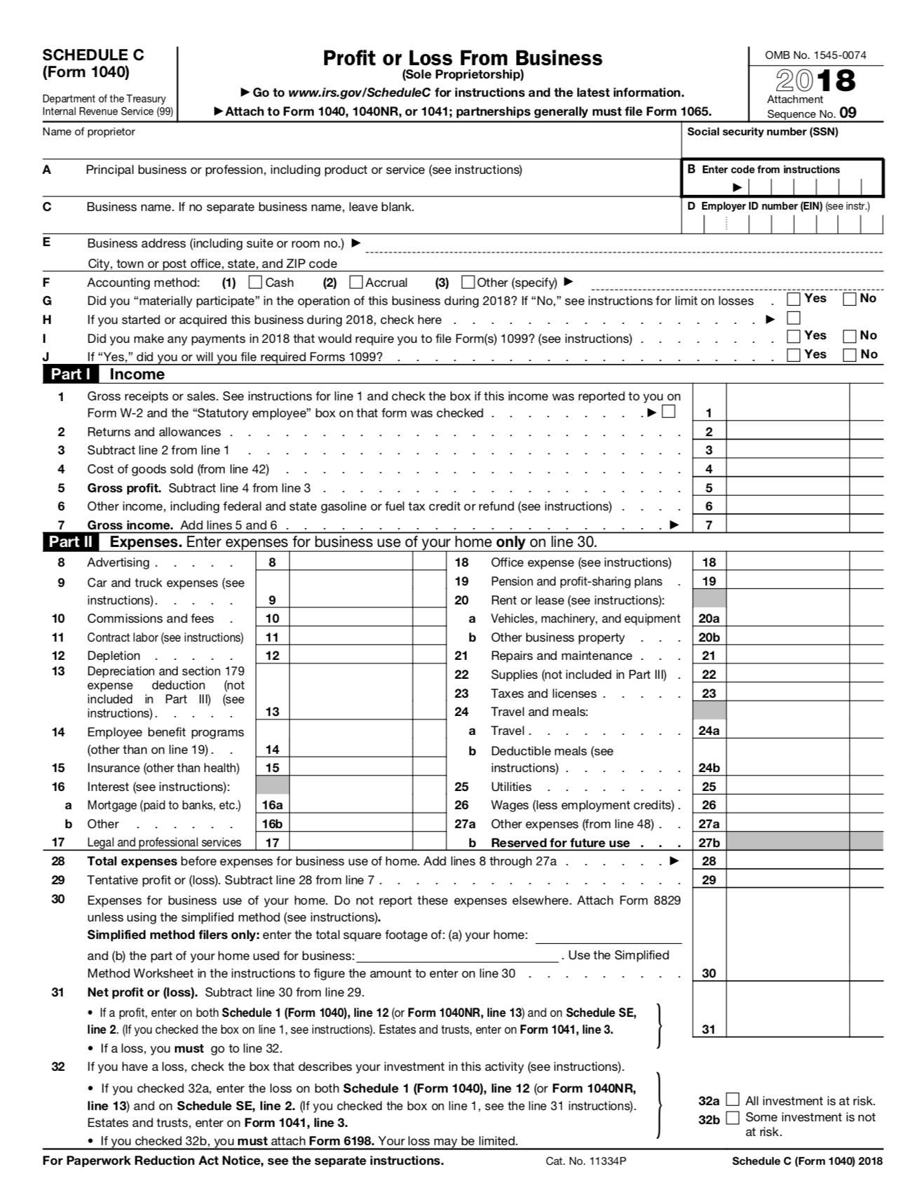 SCHEDULE C(Form 1040)2018Department of the TreasuryInternal Revenue Service (99)Name of proprietorProfit or Loss From B