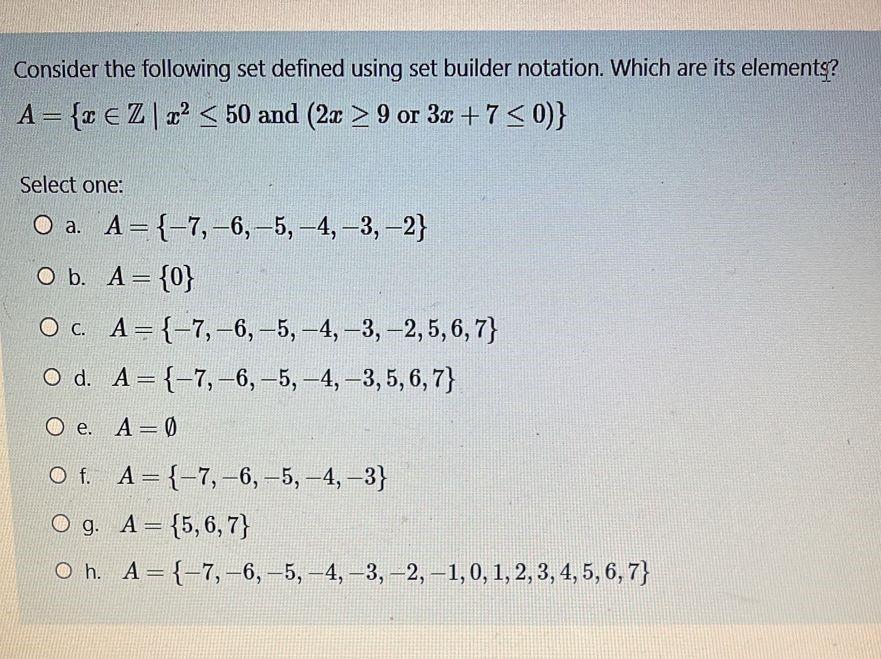 Consider the following set defined using set builder notation. Which are its elements? ( A=left{x in mathbb{Z} mid x^{2