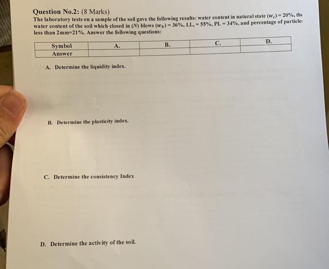 Question No.2: (8 Marks) The laboratory tests on a sample of the soil gave the following results: water content in natural st