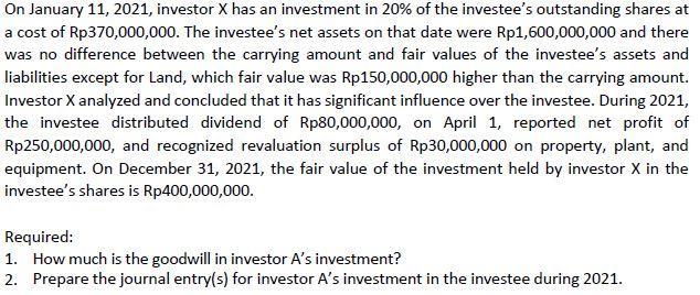 On January 11,2021 , investor X has an investment in ( 20 % ) of the investees outstanding shares at a cost of ( operat